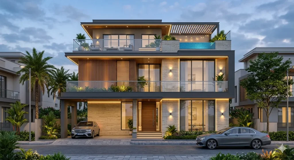 Luxury G2 villa elevation design in Gachibowli Hyderabad