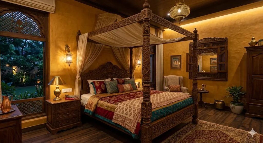 Luxury Indian style master bedroom with carved teak wood four poster bed