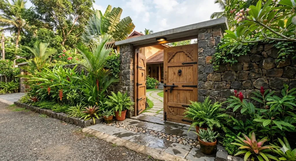 Luxury Bungalow Interior Design in Arni 1 Luxury bungalow exterior entry design with natural stone and teak