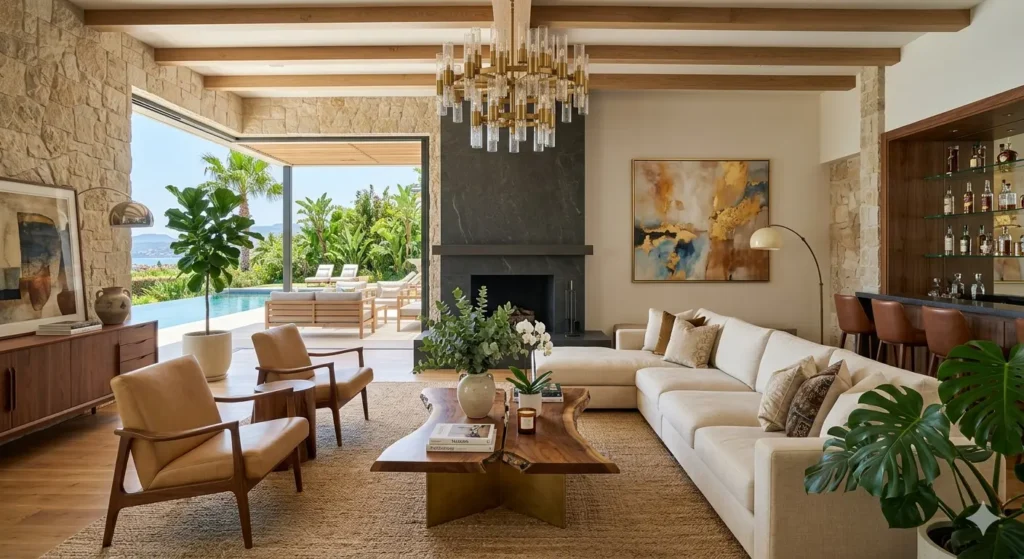 Bungalow Interiors in Civil Lines Nagpur 1 Luxury bungalow living room in Civil Lines Nagpur featuring 14 foot high ceilings layered lighting with modern chandeliers