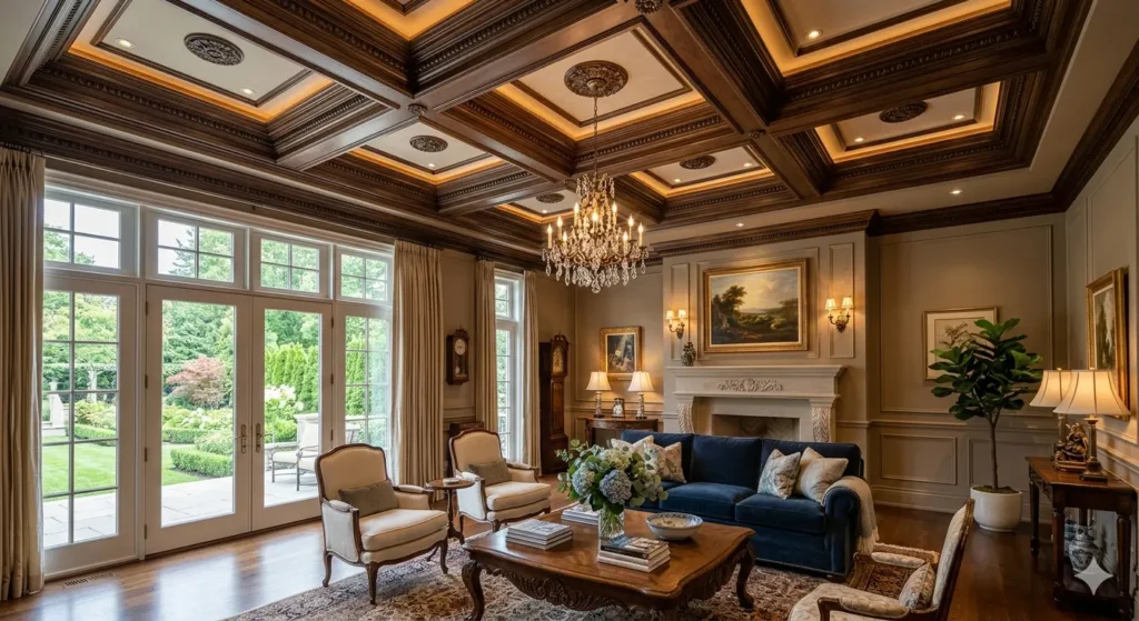 Luxury bungalow sitting room in Nagpur featuring 12 foot high ceilings and a deep panelled coffered gypsum ceiling
