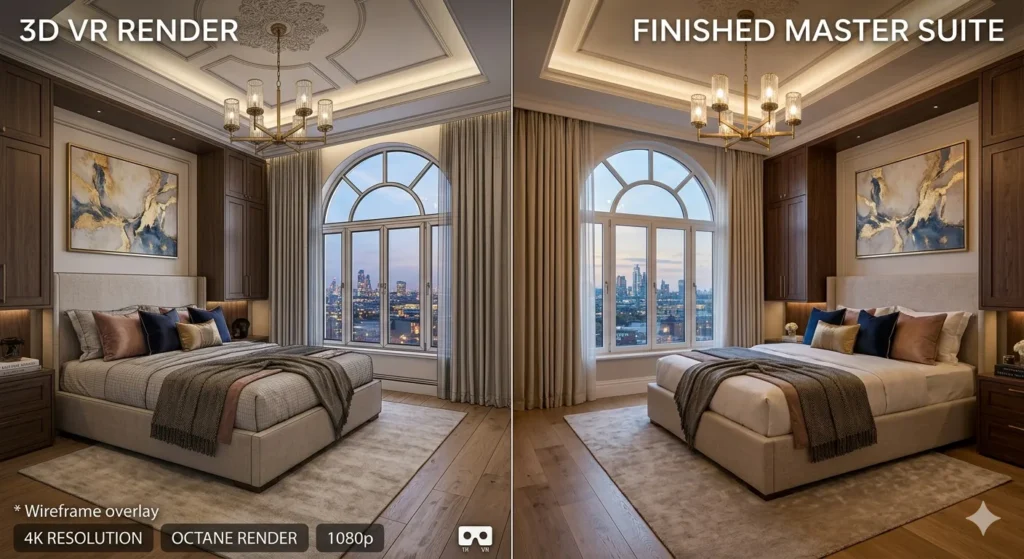 Luxury interior 3D walkthrough vs. finished project execution