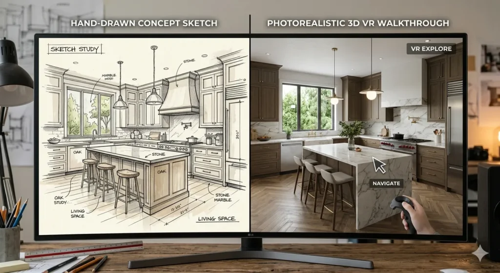 Luxury interior conceptualization vs. 3D immersive walkthrough