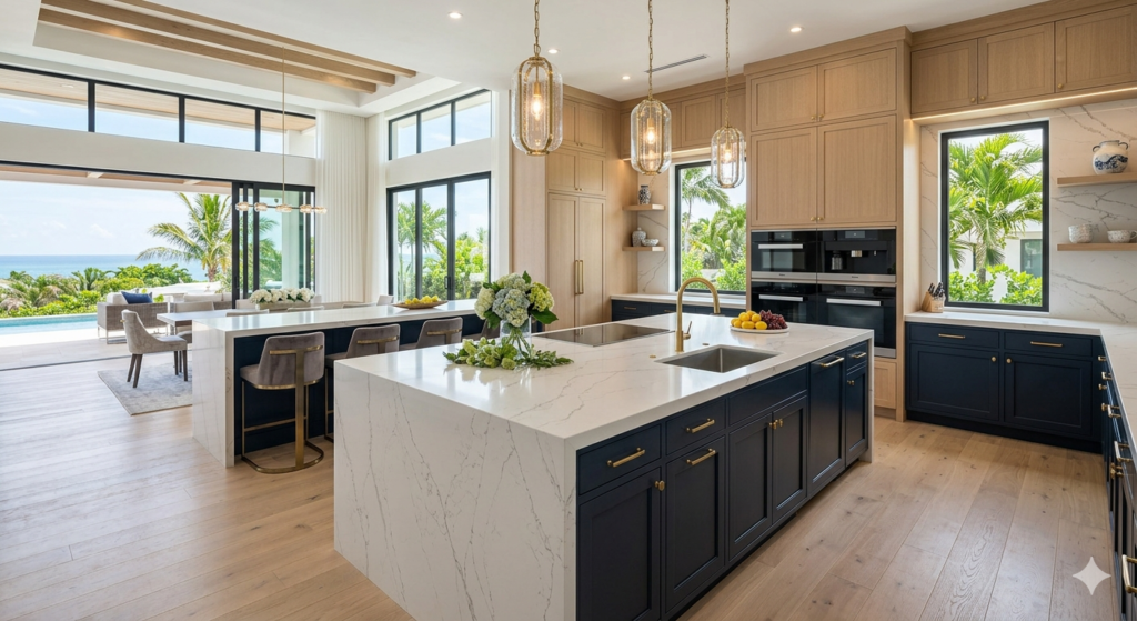 Villa Interior Design in Shankarpur Nagpur 1 Luxury island kitchen design in a villa with quartz countertops and dual tone cabinetry