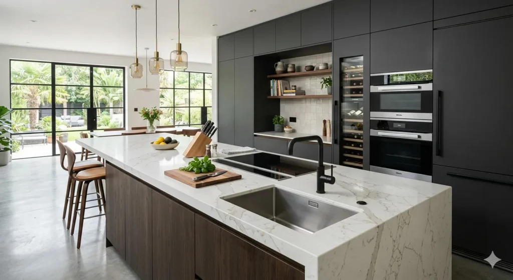 Luxury island kitchen design with quartz counters in Ner