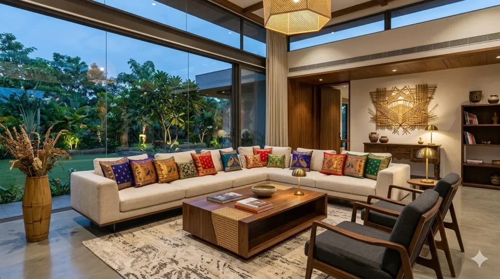 Luxury Bungalow Interior Design in Darwha 1 Luxury living room decor blending modern furniture with local Vidarbha crafts