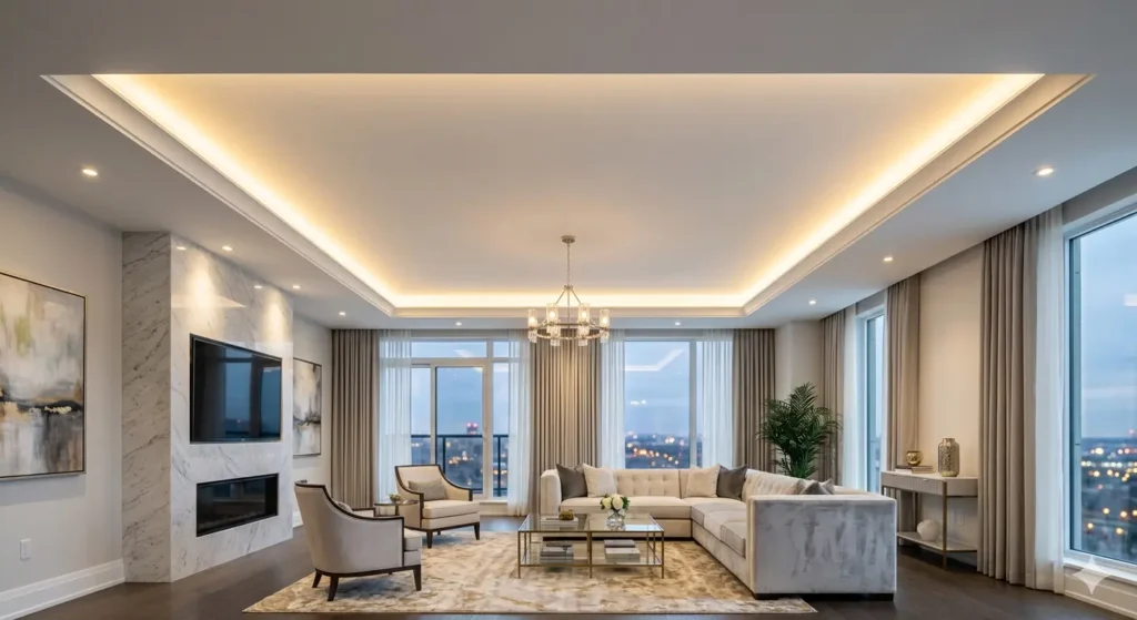 Luxury living room in Khapri featuring a seamless gypsum false ceiling with perfect cove lighting and zero crack joints