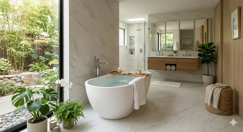 Luxury master bathroom design with freestanding bathtub