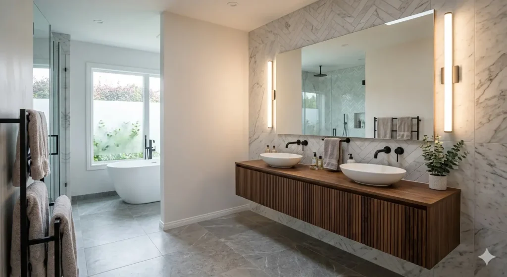 Luxury master bathroom renovation in Nagpur with a wall hung vanity and side lit grooming mirror