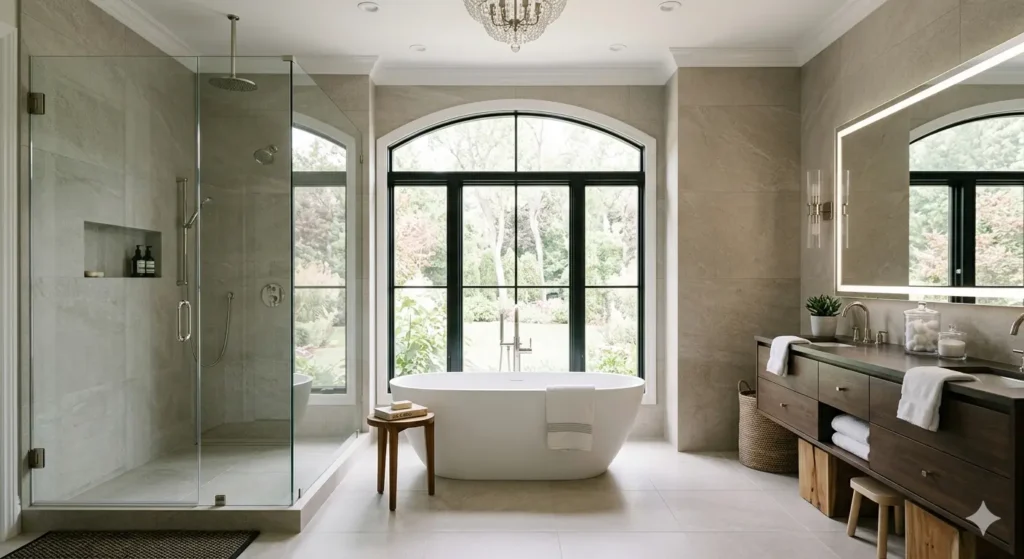 Luxury Home Interiors in Shankarpur Nagpur 4 Luxury master bathroom with a freestanding bathtub frameless glass shower and large format porcelain walls