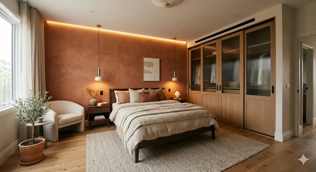 Luxury master bedroom interior with layered lighting and earthy accents