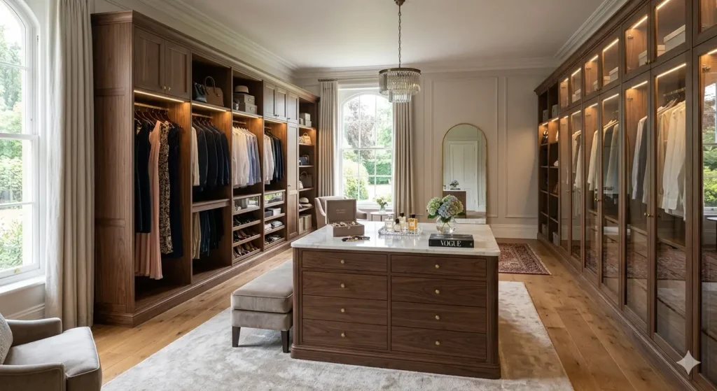 Luxury master suite dressing room with floor to ceiling fitted wardrobes and an island dresser unit