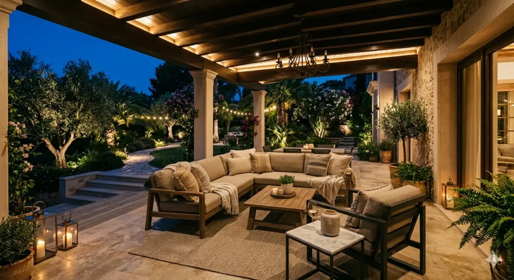 Luxury Interiors in Seminary Hills Nagpur 4 Luxury outdoor verandah design with weather resistant furniture and ambient garden lighting