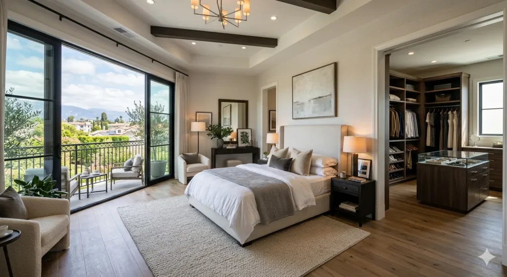 Luxury upper floor bedroom design in Kokapet duplex