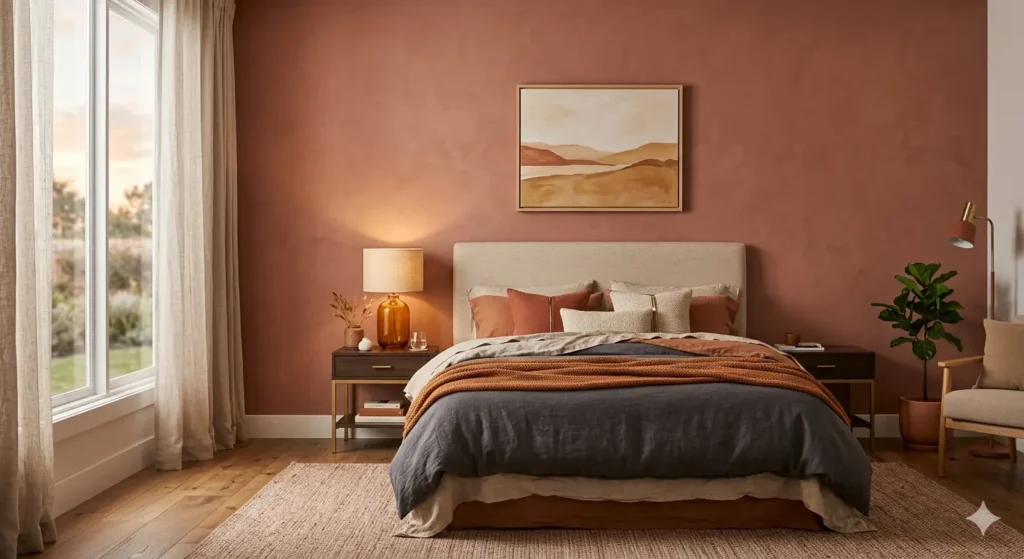 Best Paint Colours for Nagpur Summer Homes 2 Master bedroom accent wall in dusty terracotta designed for evening warmth and daytime light absorption