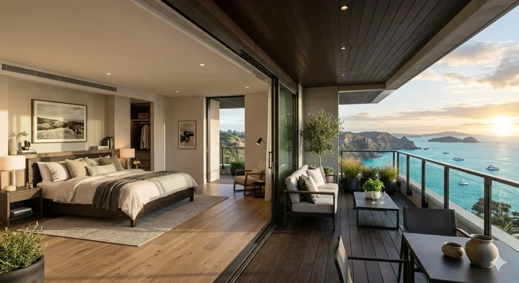 Master bedroom suite design with private balcony for a duplex