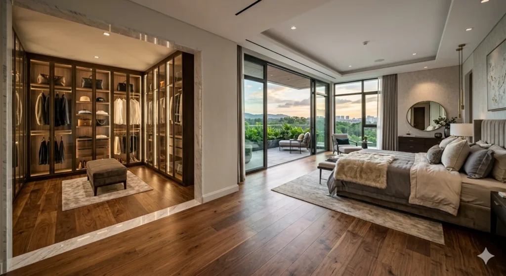 Luxury Bungalow Interior Design in Arni 2 Master suite design with engineered wood floors and walk in closet