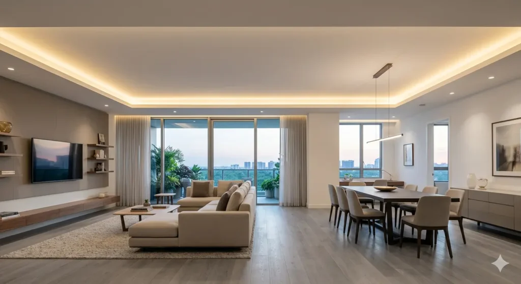 Minimalist gypsum false ceiling with perimeter cove lighting for an open plan living and dining area