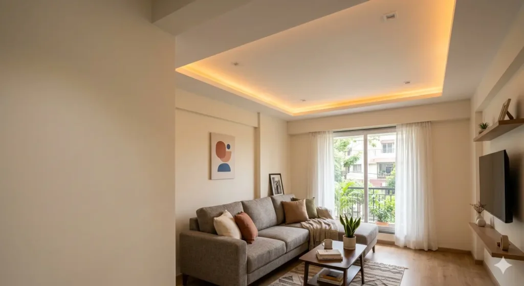 2BHK Interior Cost in Besa Nagpur 2 Minimalist gypsum false ceiling with warm LED cove lighting in a compact Besa drawing room