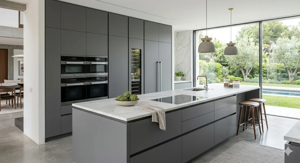 Luxury Home Interiors in Shankarpur Nagpur 1 Minimalist luxury kitchen with factory finish lacquered shutters and integrated European appliances in a Shankarpur villa