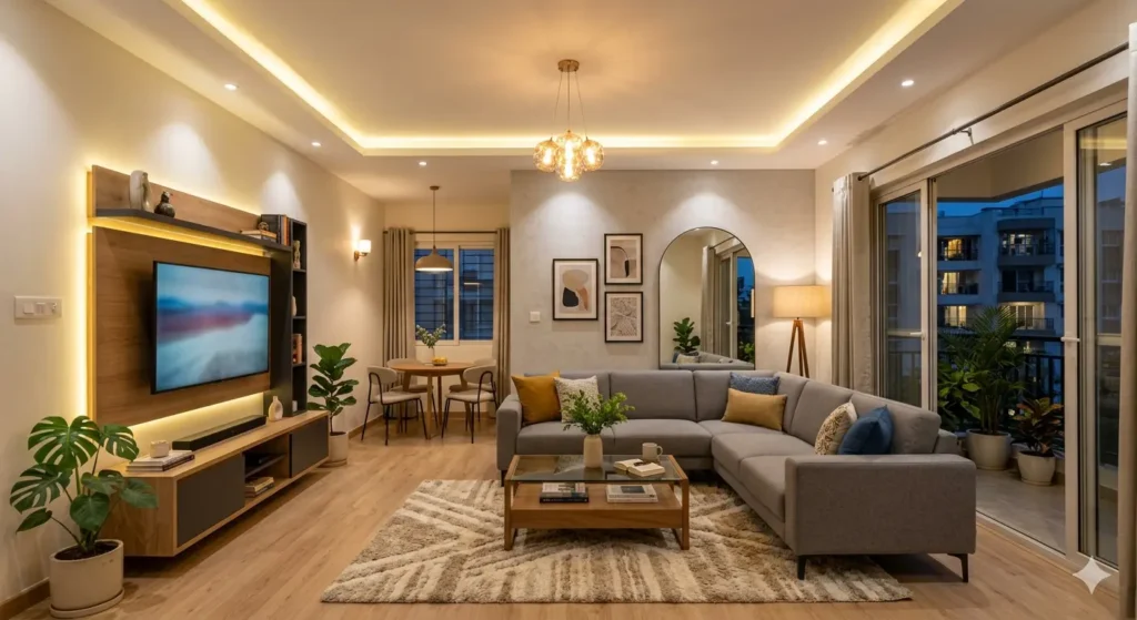 Modern 2BHK drawing room renovation in an established Hudkeshwar society with warm LED lighting