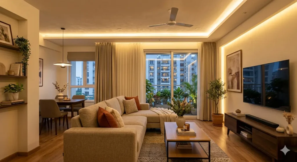 Interior Design for Flats in Khapri Nagpur 1 Modern 2BHK living room design with warm cove lighting in a premium Khapri apartment society