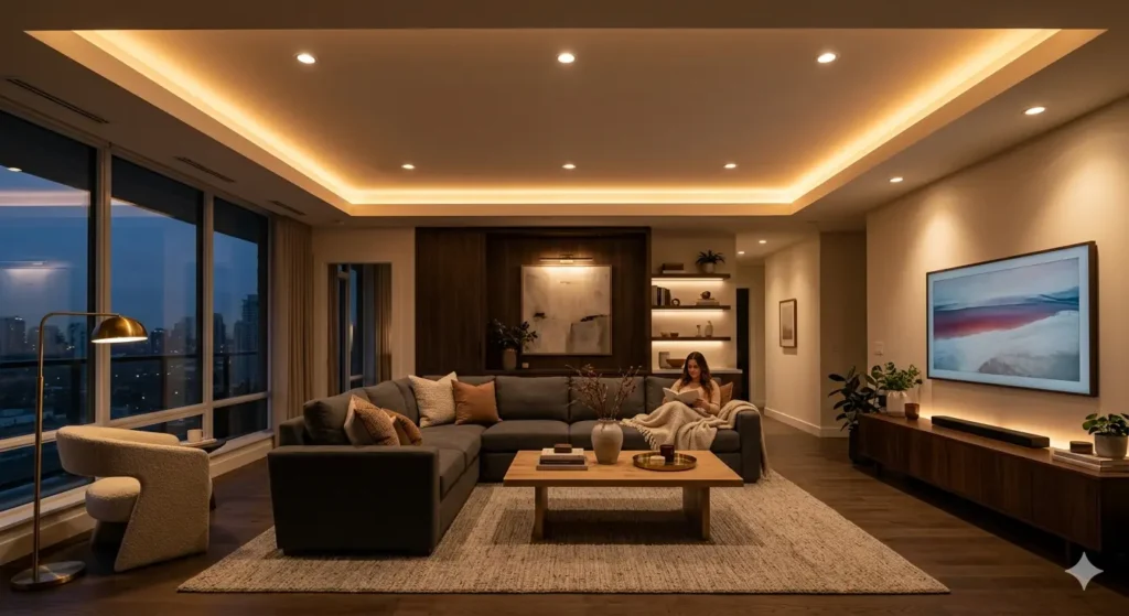 Best Interior Designer in Ghogli Nagpur 1 Modern Ghogli living room with a layered lighting scheme featuring warm perimeter cove LEDs and zoned downlights