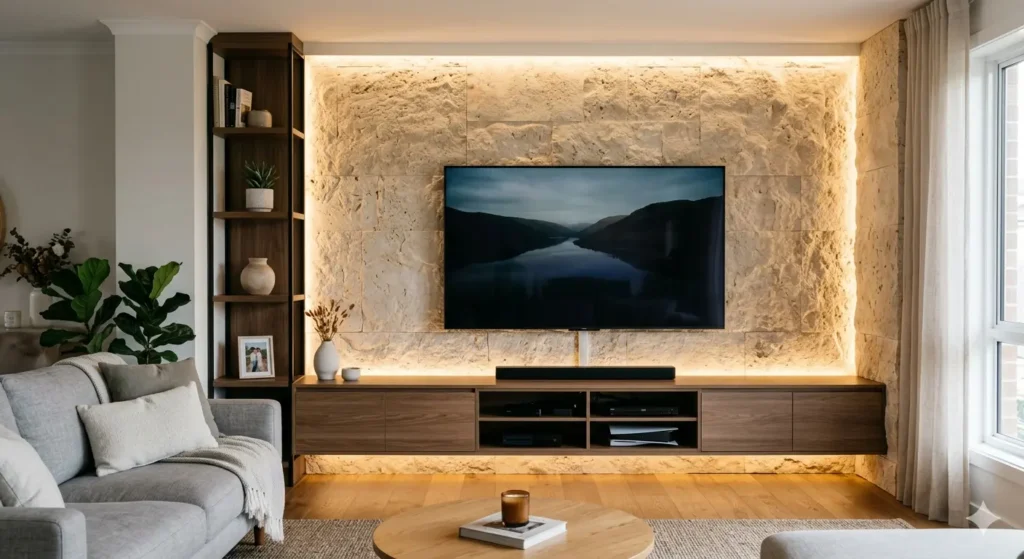 Interior Design for Flats in Beltarodi Nagpur 3 Modern TV wall unit with integrated cable management and warm backlit stone cladding