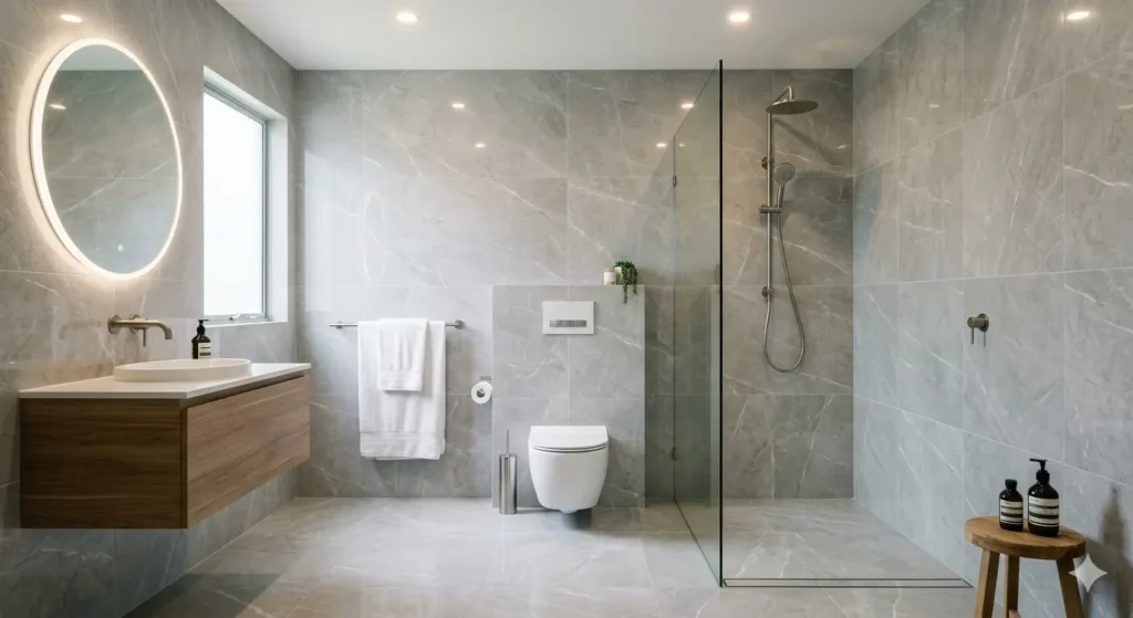 Modern Flat Interiors in Manewada Nagpur 4 Modern bathroom renovation featuring 600x1200mm large format tiles and a concealed cistern