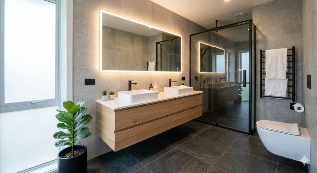 3BHK Interior Design Cost in Jamtha Nagpur 4 Modern bathroom renovation featuring floating vanity back lit mirror and anti skid tiles