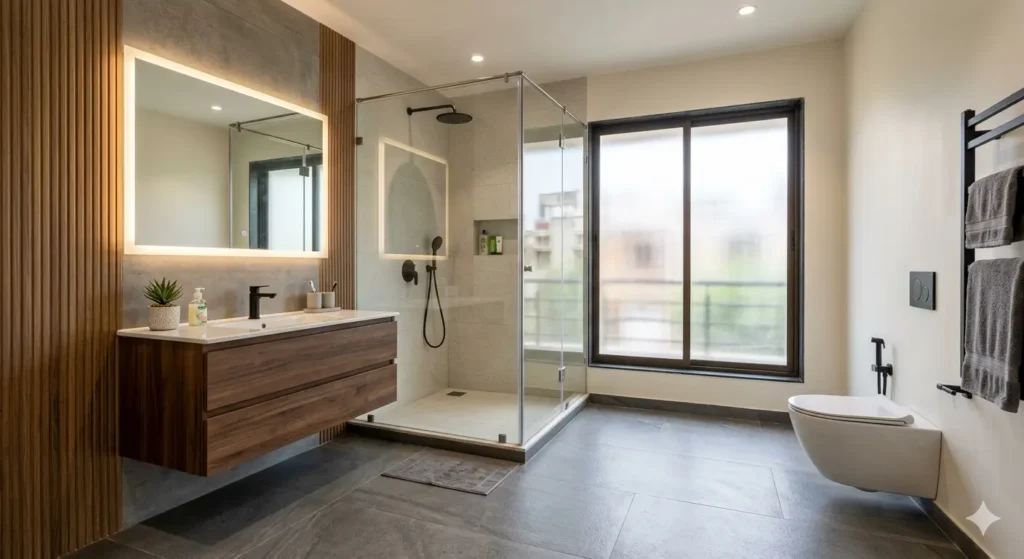 3BHK Flat Renovation Wardha Road Nagpur 4 Modern bathroom renovation in Nagpur featuring large format anti skid floor tiles a floating vanity with storage and premium matte black plumbing fixtures