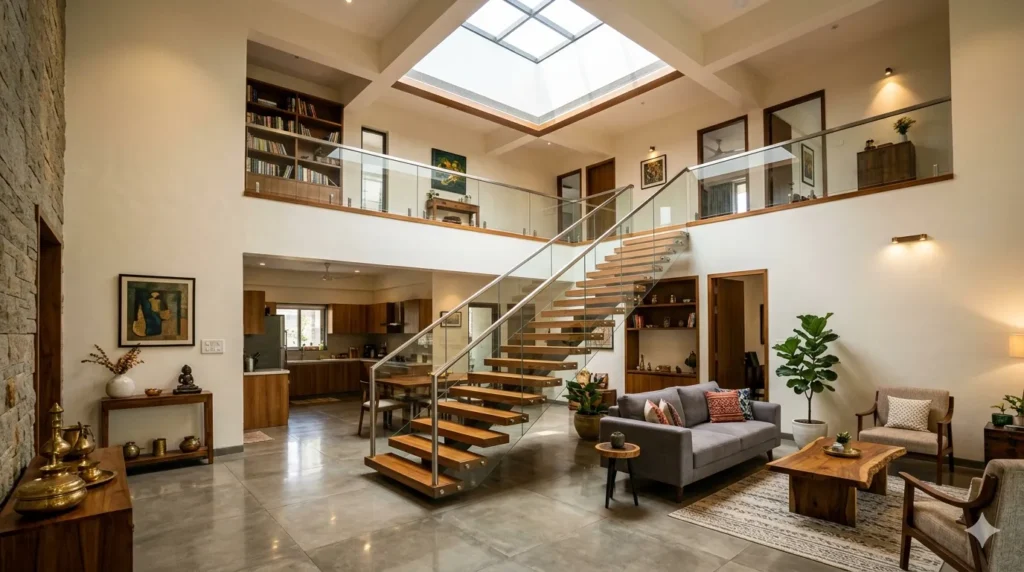 Modern double height staircase design for a Darwha duplex