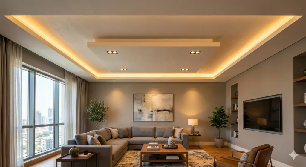 False Ceiling Ideas for Hot Climate in Nagpur 1 Modern drawing room false ceiling with perimeter cove lighting and architectural gypsum levels in a Nagpur apartment