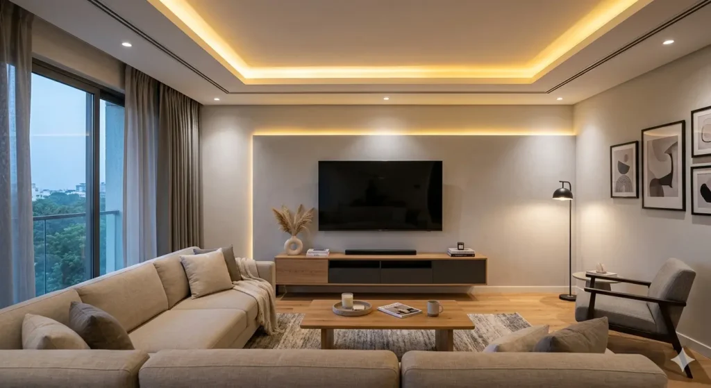 Interiors for Flats in Narendra Nagar Nagpur 3 Modern drawing room featuring a gypsum false ceiling with warm LED cove lighting and a minimalist TV wall