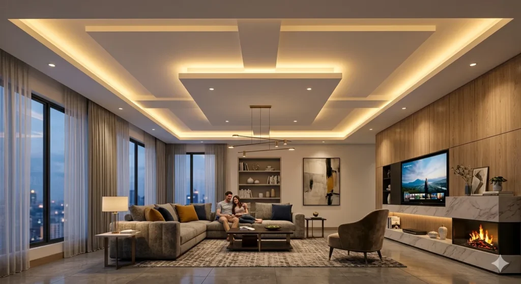 Modern false ceiling design and lighting in a Ner residence