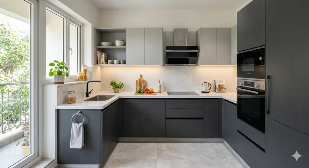 Modern handle less modular kitchen design in Mahagaon
