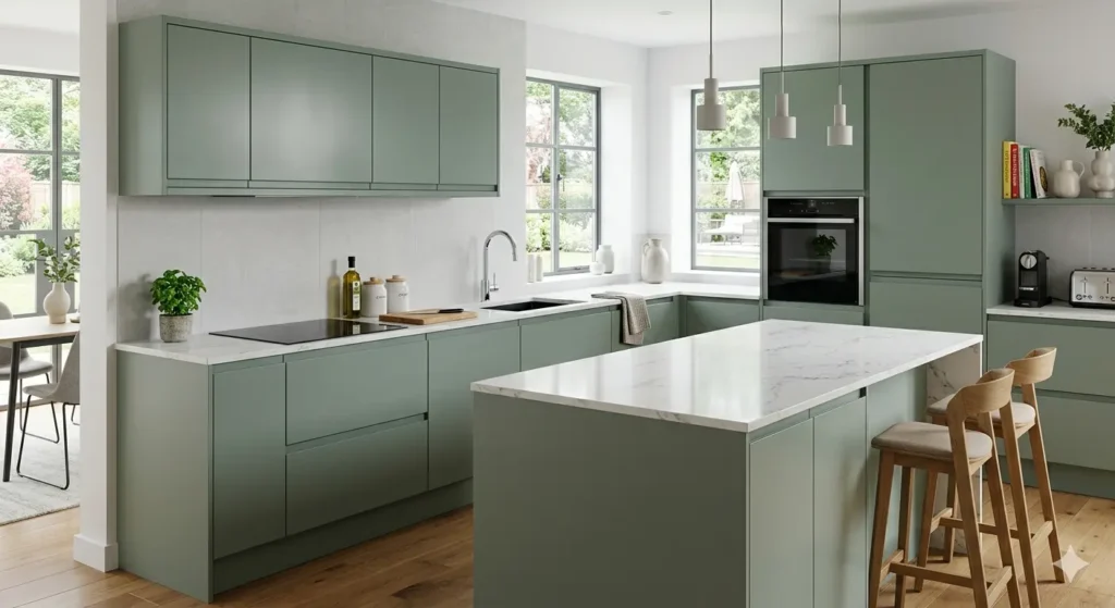 Modern Flat Interiors in Manewada Nagpur 1 Modern handleless modular kitchen in Manewada with matte sage shutters and J pull profiles