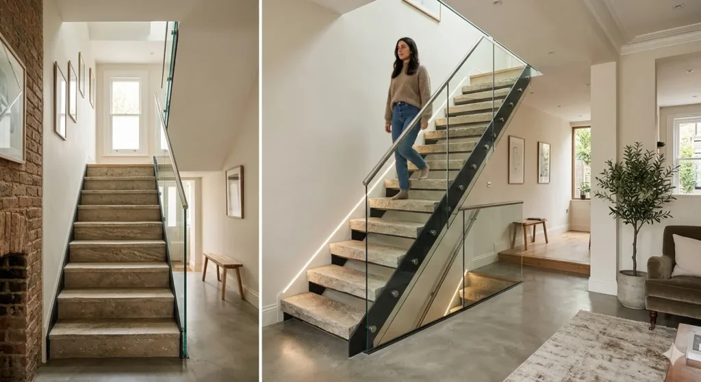 Interior Design for Row Houses in Nagpur 1 Modern internal staircase renovation with glass railings and natural stone treads in a Nagpur row house