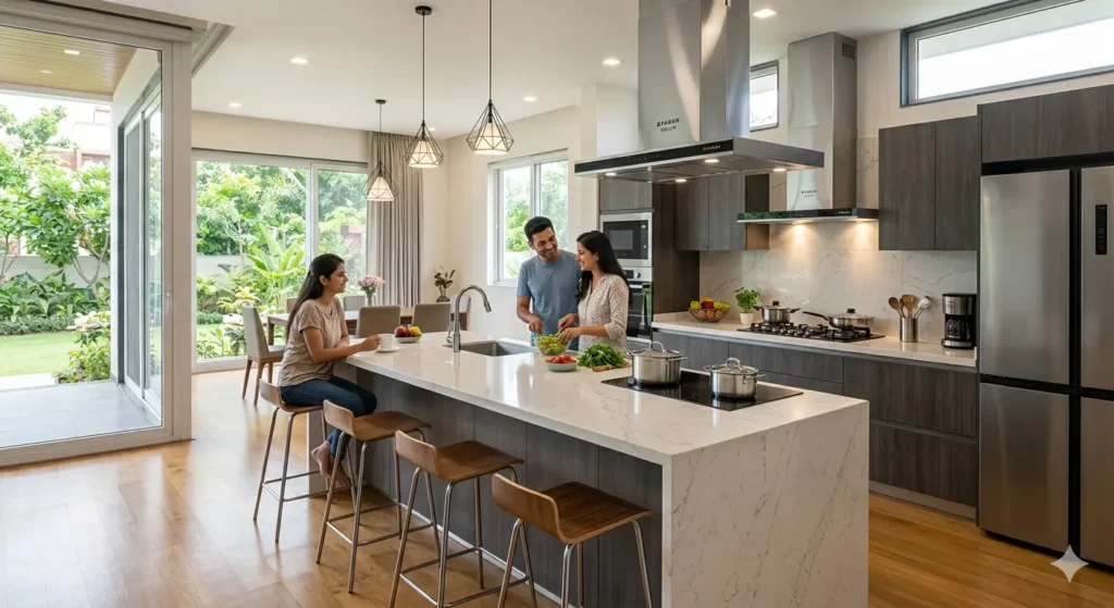 Modern island kitchen layout for a Nagpur bungalow with quartz countertops and a high suction 1200 CFM chimney