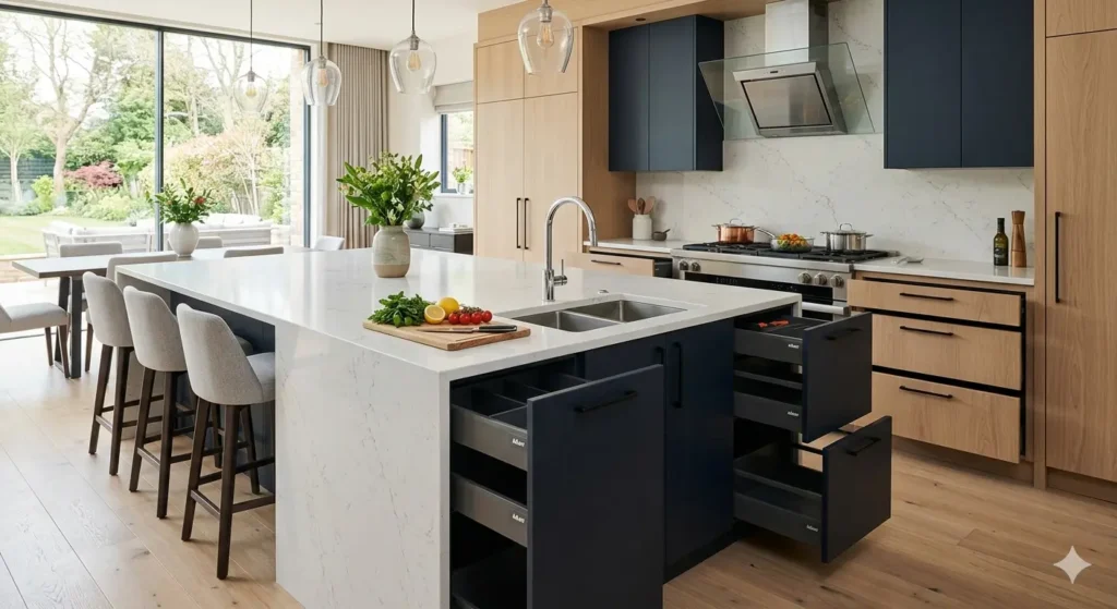 Luxury Interiors in Seminary Hills Nagpur 2 Modern island kitchen layout with quartz countertops and Blum hardware in a luxury Nagpur home