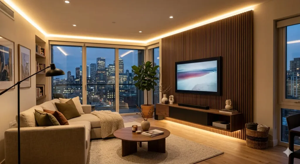 Best Interior Designer in Manish Nagar Nagpur 1 Modern living room in a Manish Nagar apartment featuring perimeter cove lighting and a fluted wood TV wall