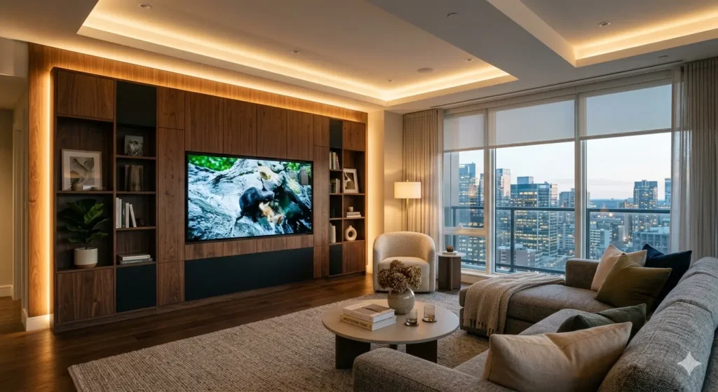 Best Interior Designer in Pipla Nagpur 1 Modern living room in a Pipla apartment featuring a full height TV wall and zoned cove lighting