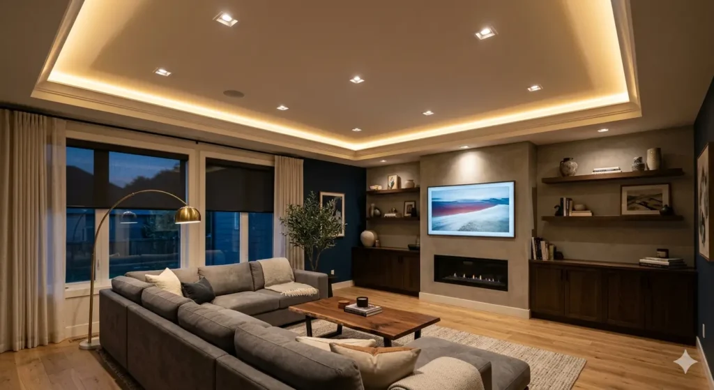 New Home Interior Ideas for Beltarodi Nagpur 3 Modern living room lighting design featuring cove LED strips and recessed downlights