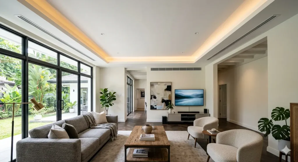 Home Interior Design Pratap Nagar Nagpur 2 Modern living room renovation in a bungalow featuring 10 foot false ceilings and integrated AC ducting