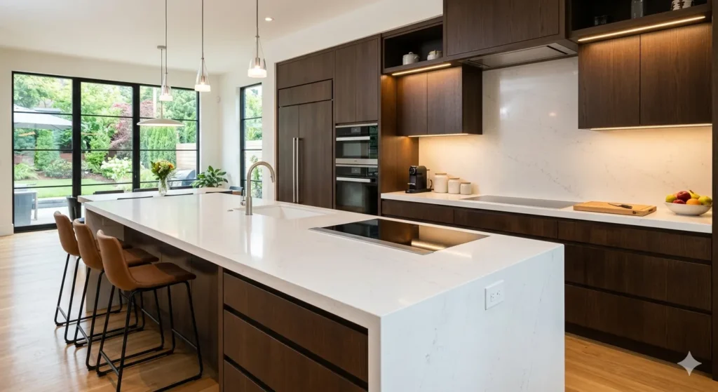 Luxury Bungalow Interior Design in Arni 3 Modern luxury island kitchen with quartz counters and LED lighting