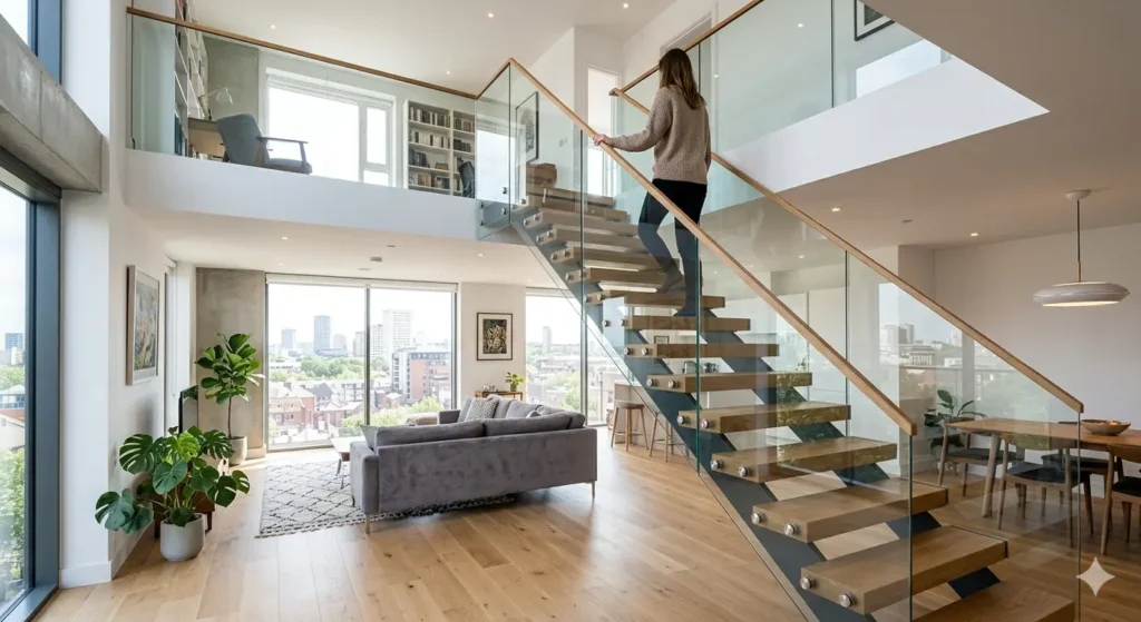 Interior Design for Duplex Houses in Nagpur 1 Modern open riser staircase with glass balustrade in a Nagpur duplex apartment