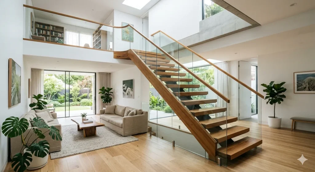 Modern open riser teak wood staircase for luxury duplex homes