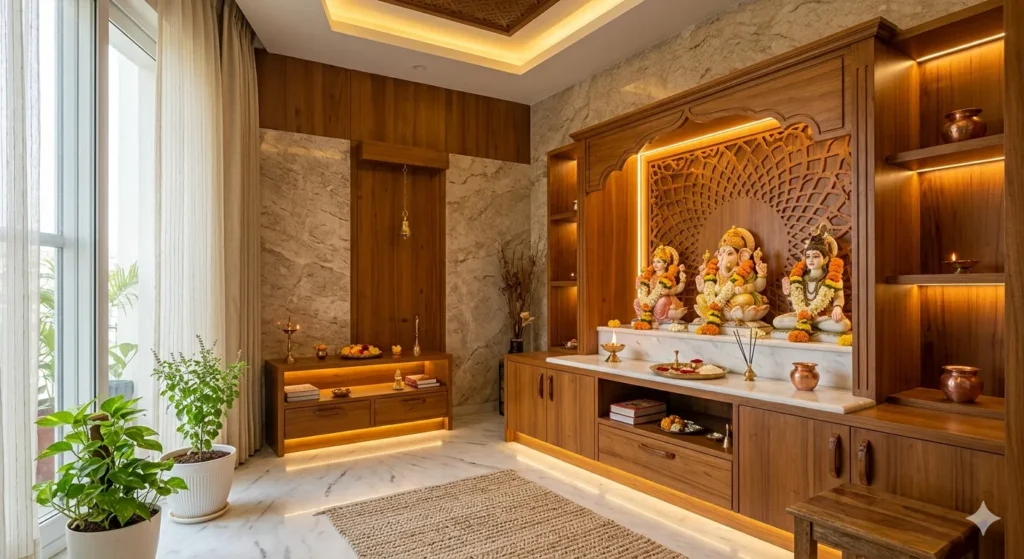 Modern puja room interior design with dedicated lighting