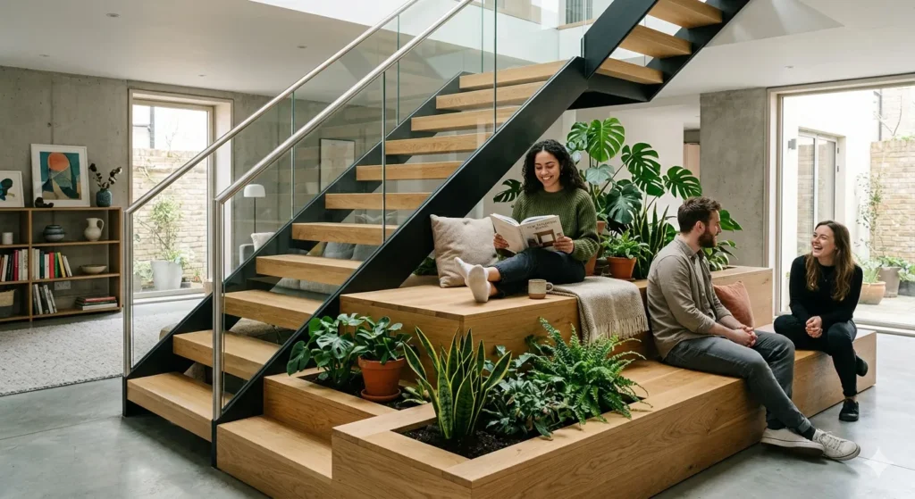 Modern social staircase design with integrated seating and planters
