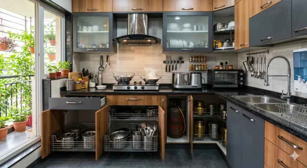 Best Interior Designer in Pipla Nagpur 2 Modular kitchen design in Pipla with optimized storage for heavy Indian appliances and stone countertops